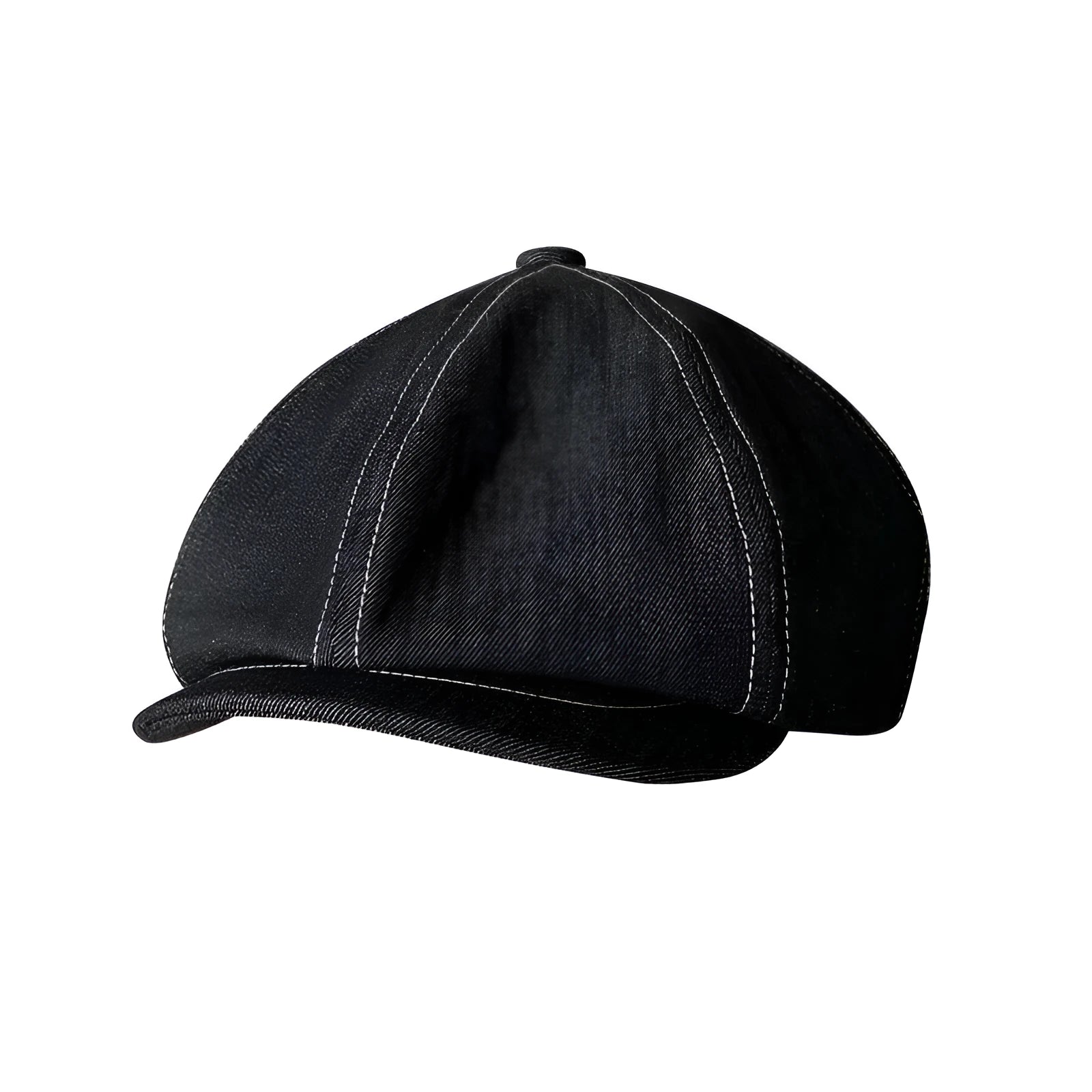 Black Japanese denim fabric beret hat shown in three adult sizes