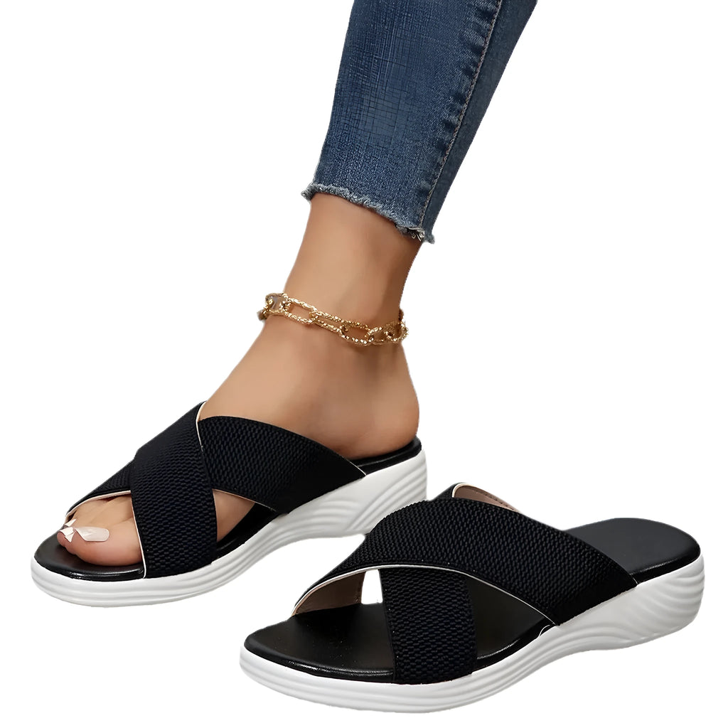 Black wedge peep-toe slippers with thick rubber sole and PVC upper for women