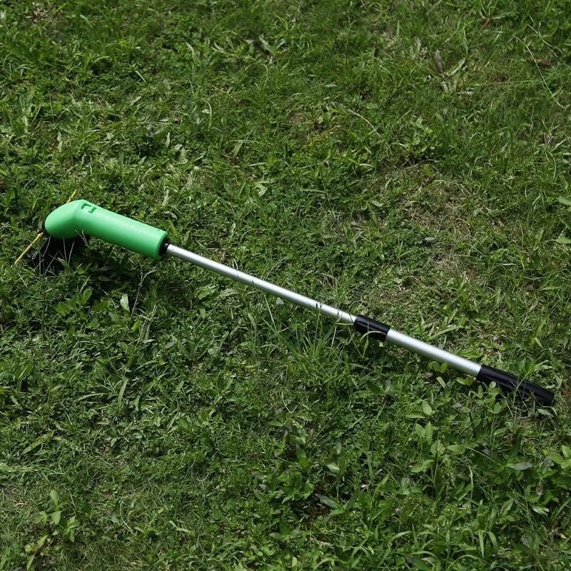 Cordless lawn trimmer tool with extension pole and protective debris shield for garden maintenance