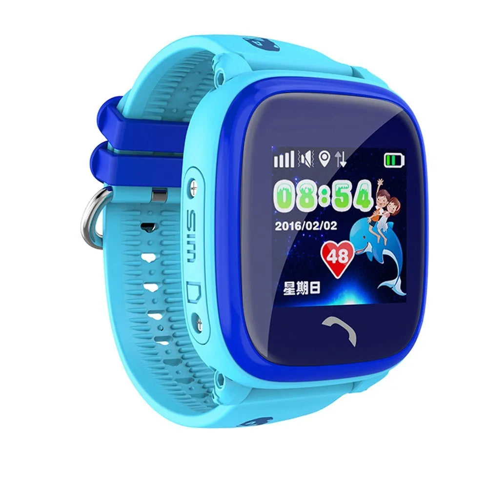 Blue DF25 children's waterproof smart watch with touch screen on a silicone wristband.