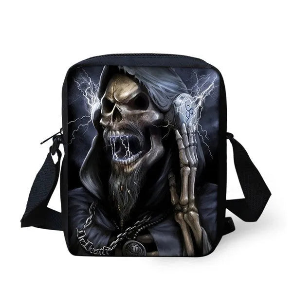 Children's messenger bag with skull pattern showing double adjustable straps and zippered main compartment