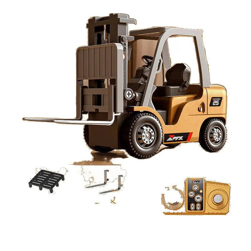 1:64 scale blue alloy remote control forklift toy with cargo hook and pallet on a table.