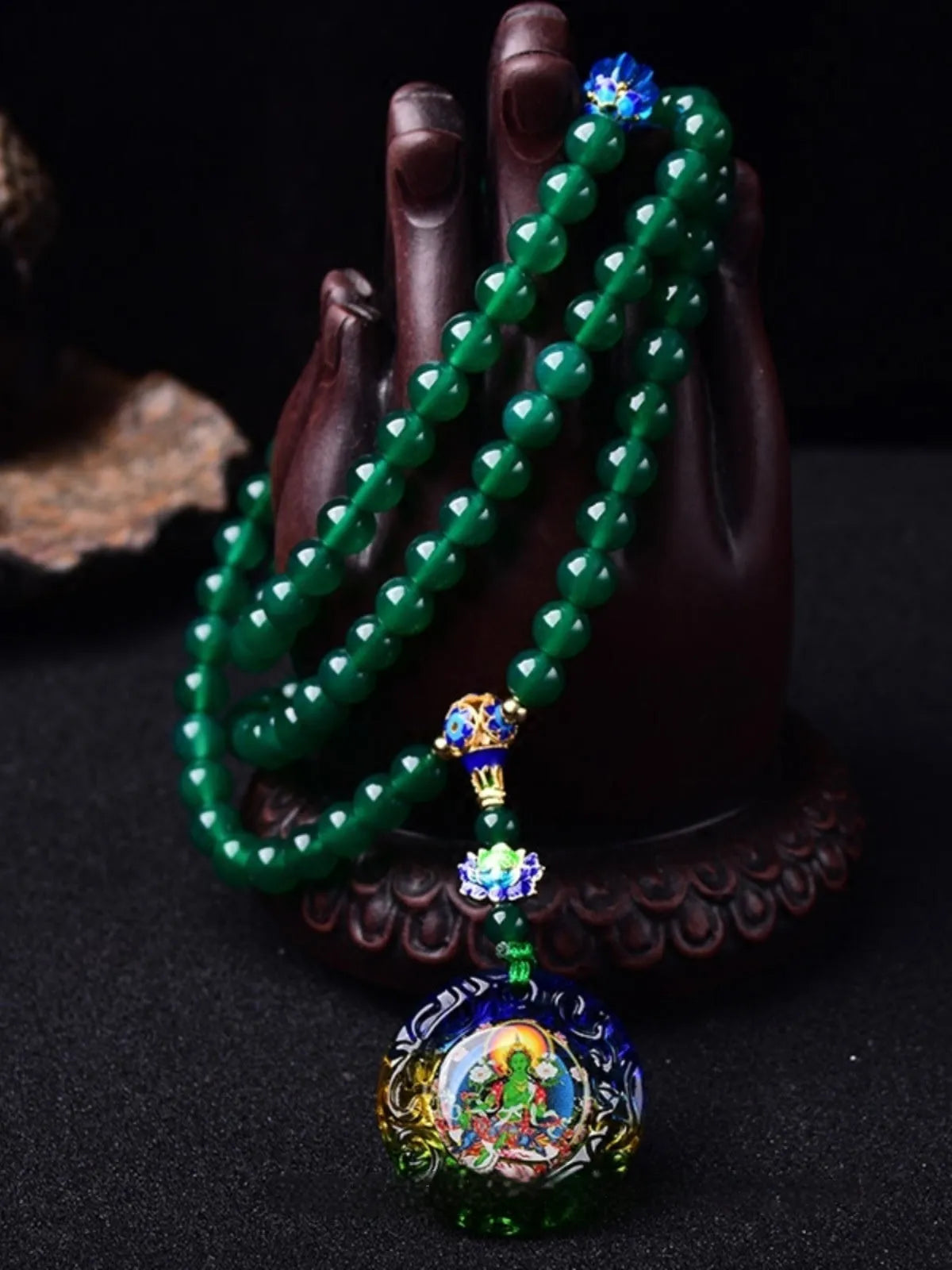 Handmade natural green agate multi-circle bracelet with Thangka pendant and certificate