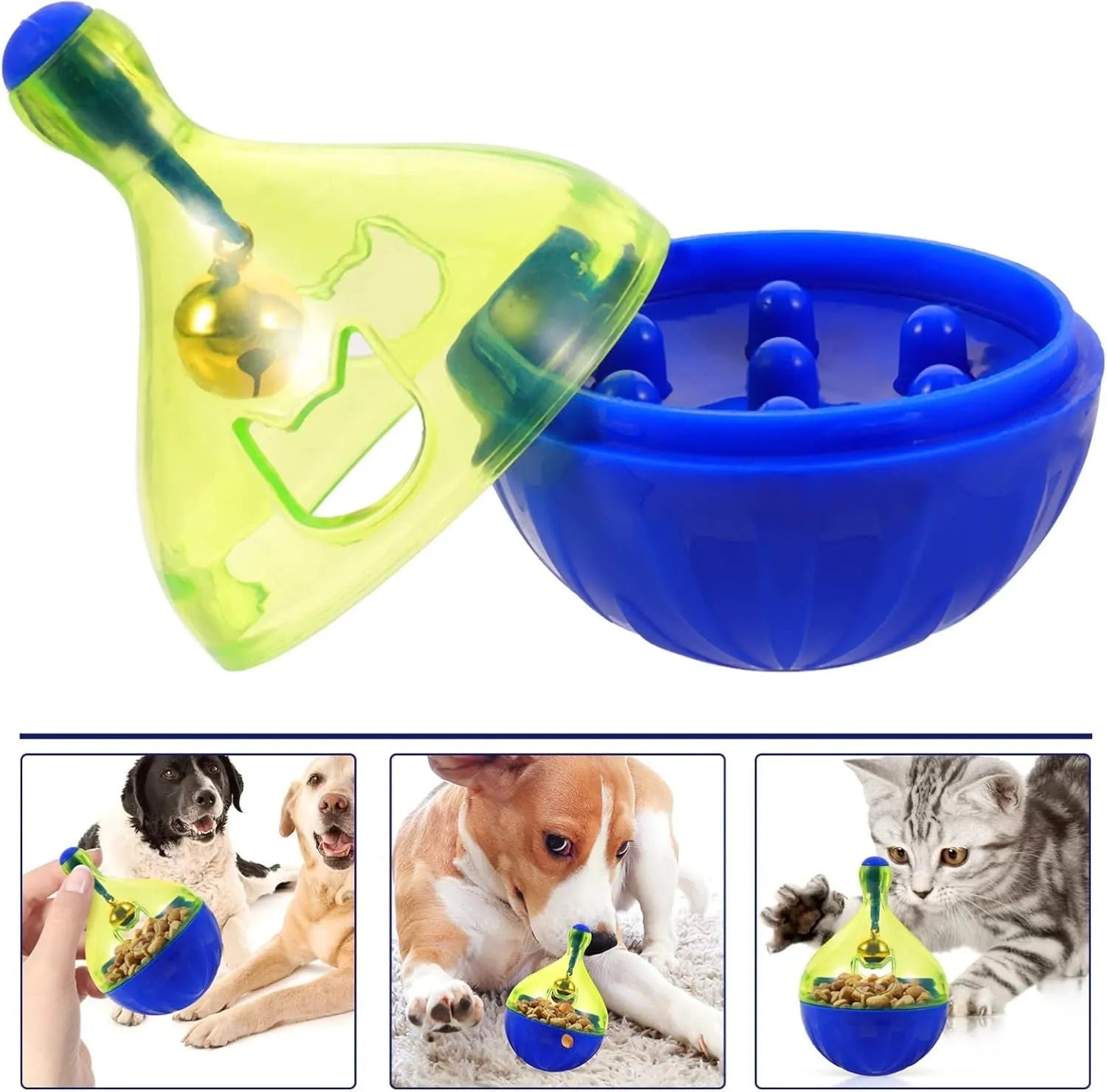 Tumbler-shaped interactive pet treat dispenser ball for dogs and cats