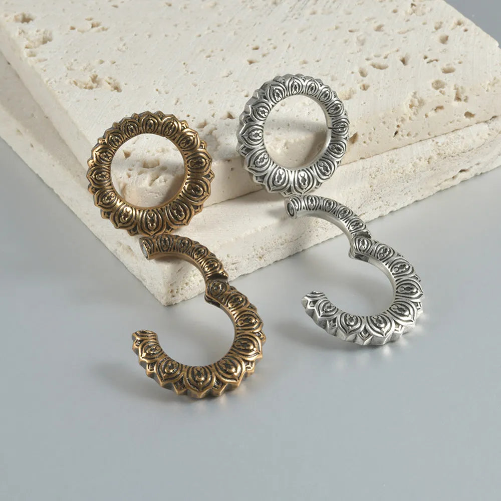 Retro heart-shaped hollow lotus magnetic earrings in stainless steel with antique silver finish