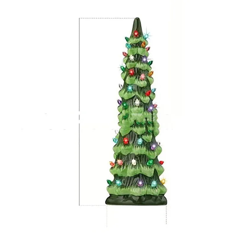 A decorative resin Christmas tree ornament with built-in LED lights, shown in European style.