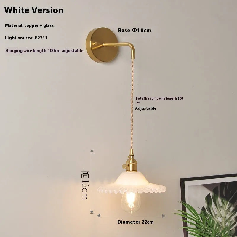 Retro brass and glass lotus wall lamp in white, 22cm diameter