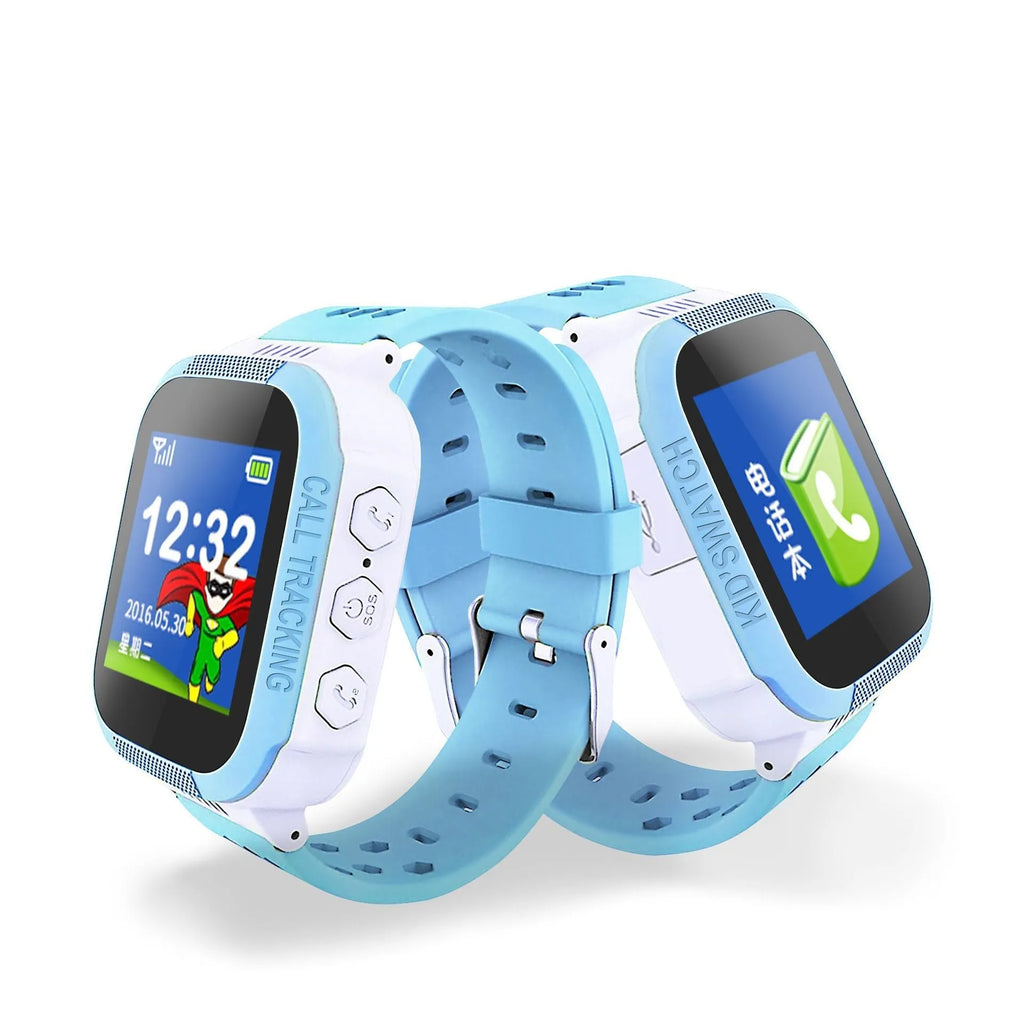 Blue children's phone watch with 1.44-inch IPS screen showing dual language interface options