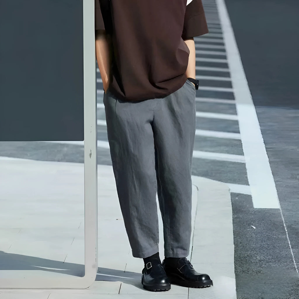 Men's loose straight casual pants in beige colour with elasticated drawstring waistband