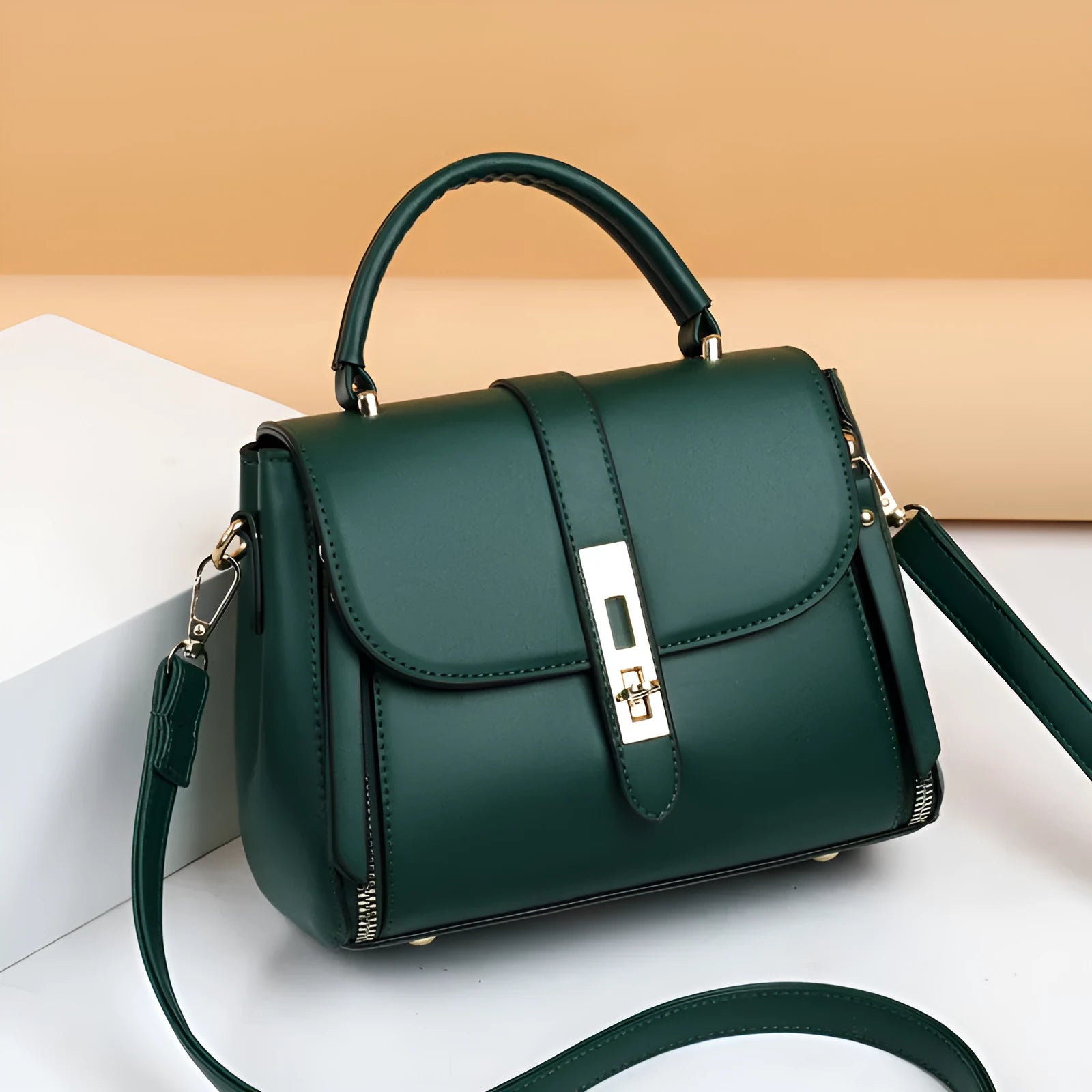Soft PU leather women's messenger bag in a square vertical shape with an adjustable shoulder strap.