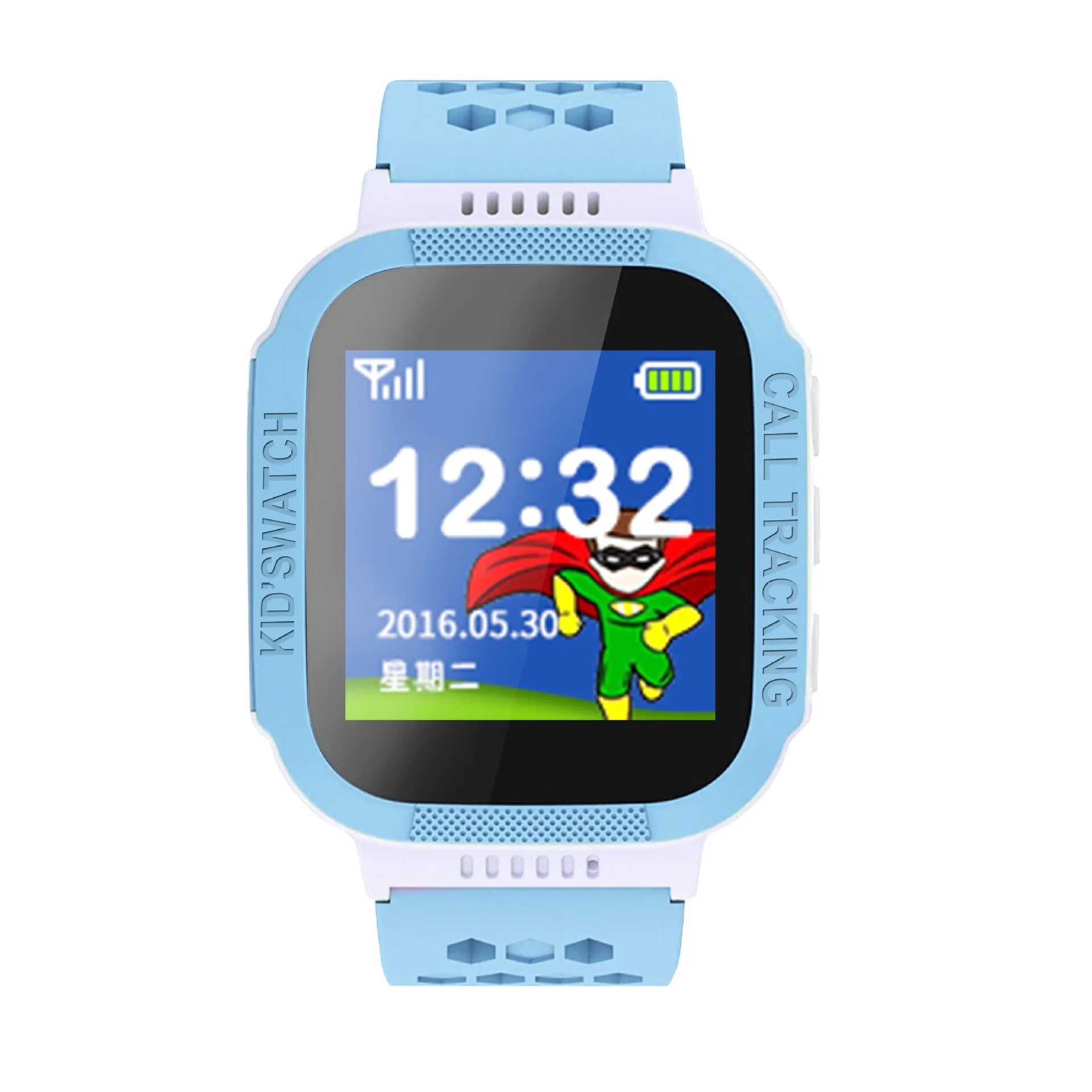 Blue children's phone watch with 1.44-inch IPS screen showing dual language interface options