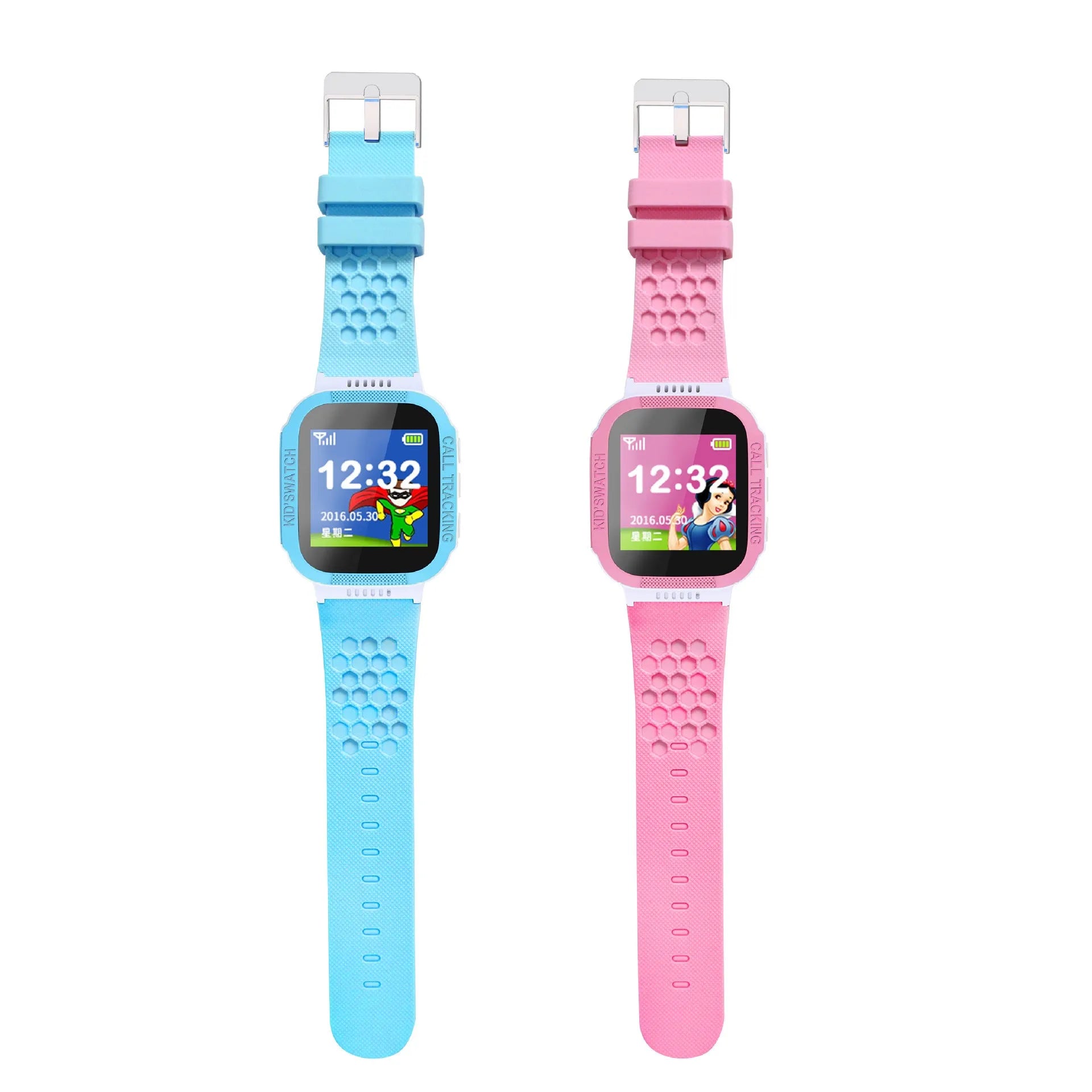 Blue children's phone watch with 1.44-inch IPS screen showing dual language interface options