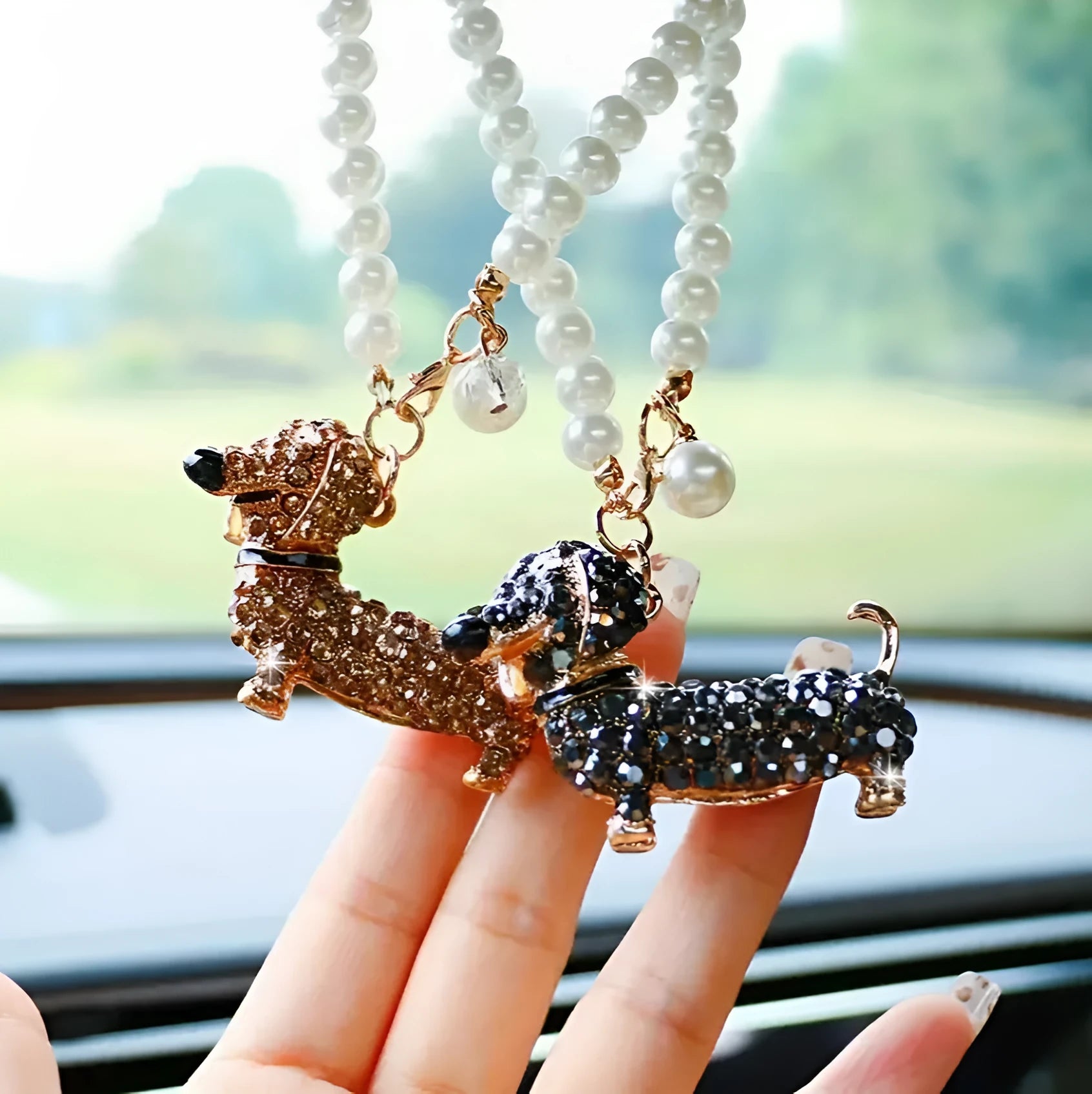 Diamond-embedded dachshund hanging car rearview mirror pendant in alloy light luxury style