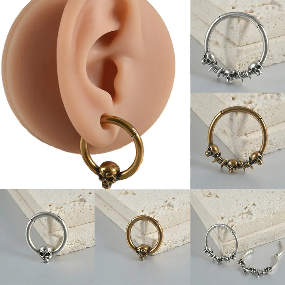 Copper punk earrings with vintage ghost head design in antique silver finish
