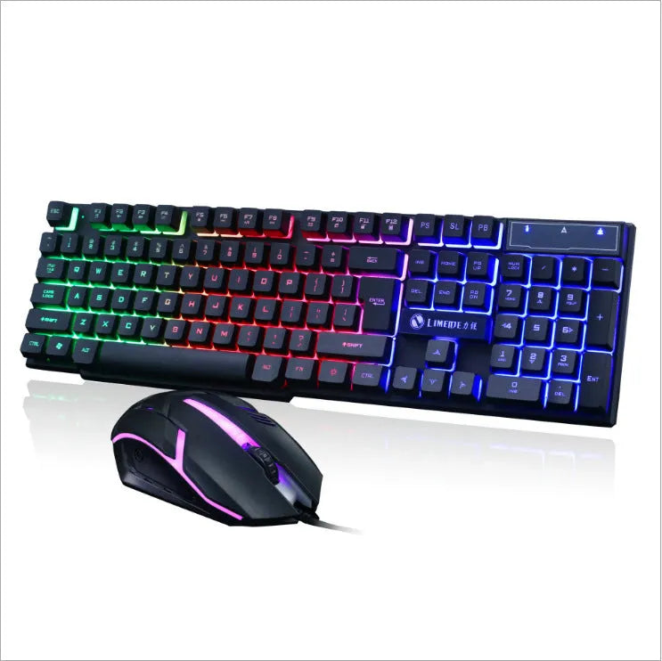 Limei GTX300 white and black wired gaming keyboard and mouse set with backlit keys on a desk
