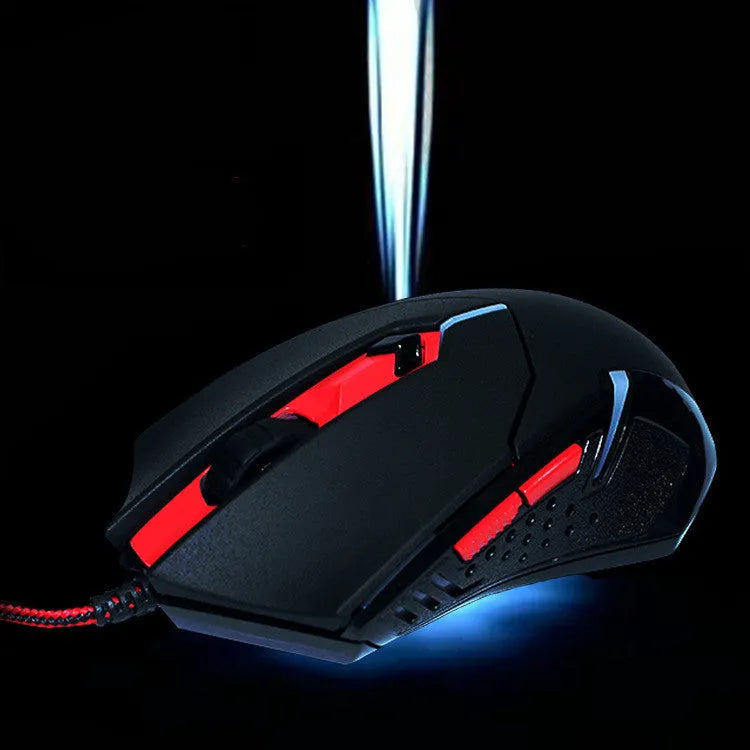 Black and red USB wired optical gaming mouse with six buttons and ergonomic design