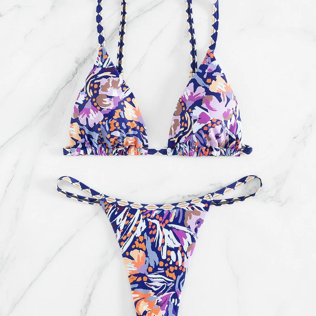 Women's floral print triangle bag swimsuit briefs in polyester with S M L sizing