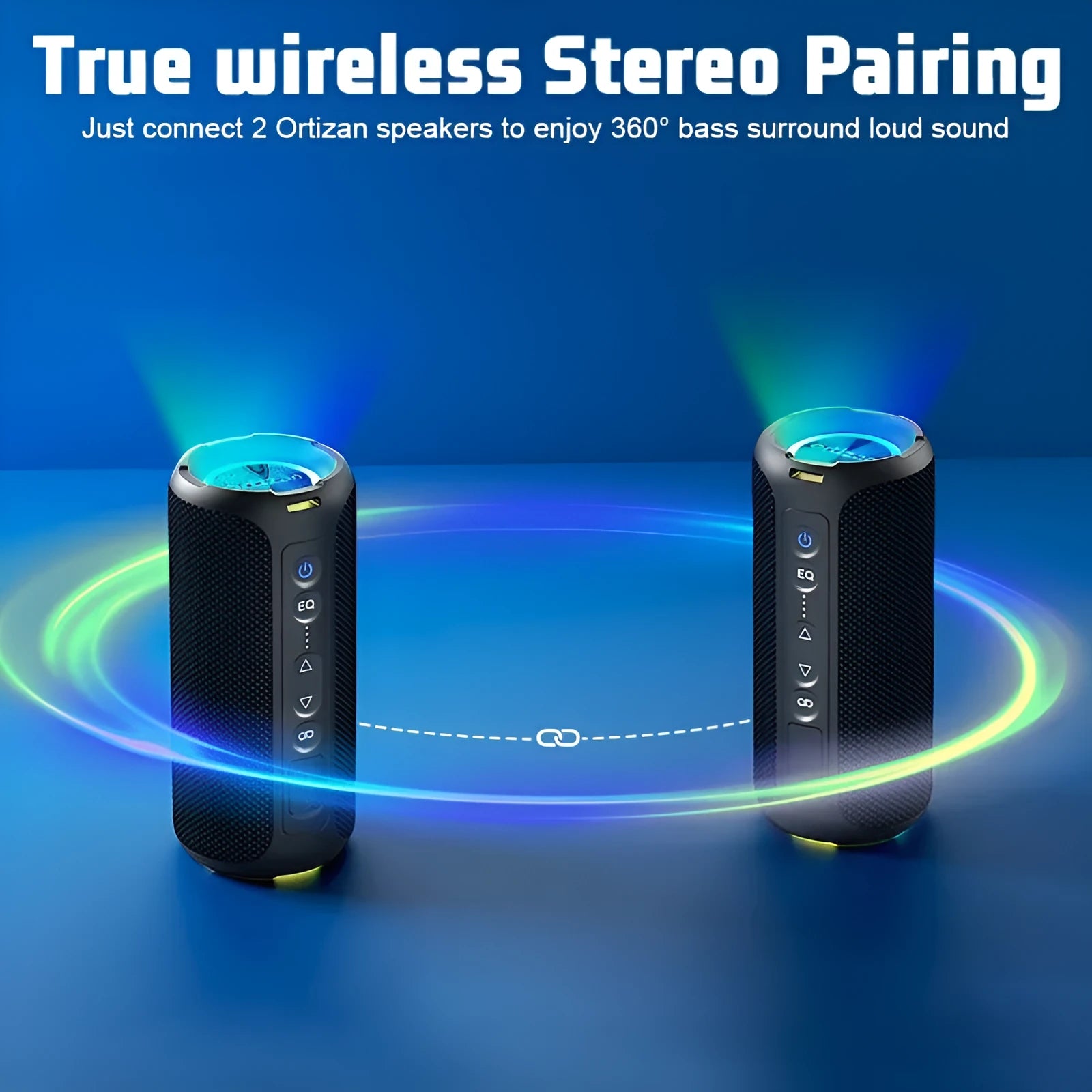 Black and blue fabric Bluetooth speaker with RGB lighting and waterproof construction