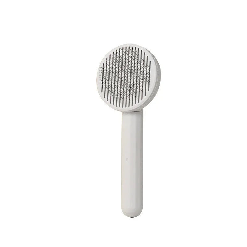 Button self-cleaning pet comb with stainless steel needles and ABS handle in blue colour
