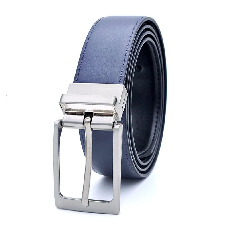 Men's dark brown genuine leather belt with a silver rotating pin buckle laid flat.