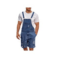 Men's ripped denim shorts with suspenders in dark blue, light blue, and black colours.