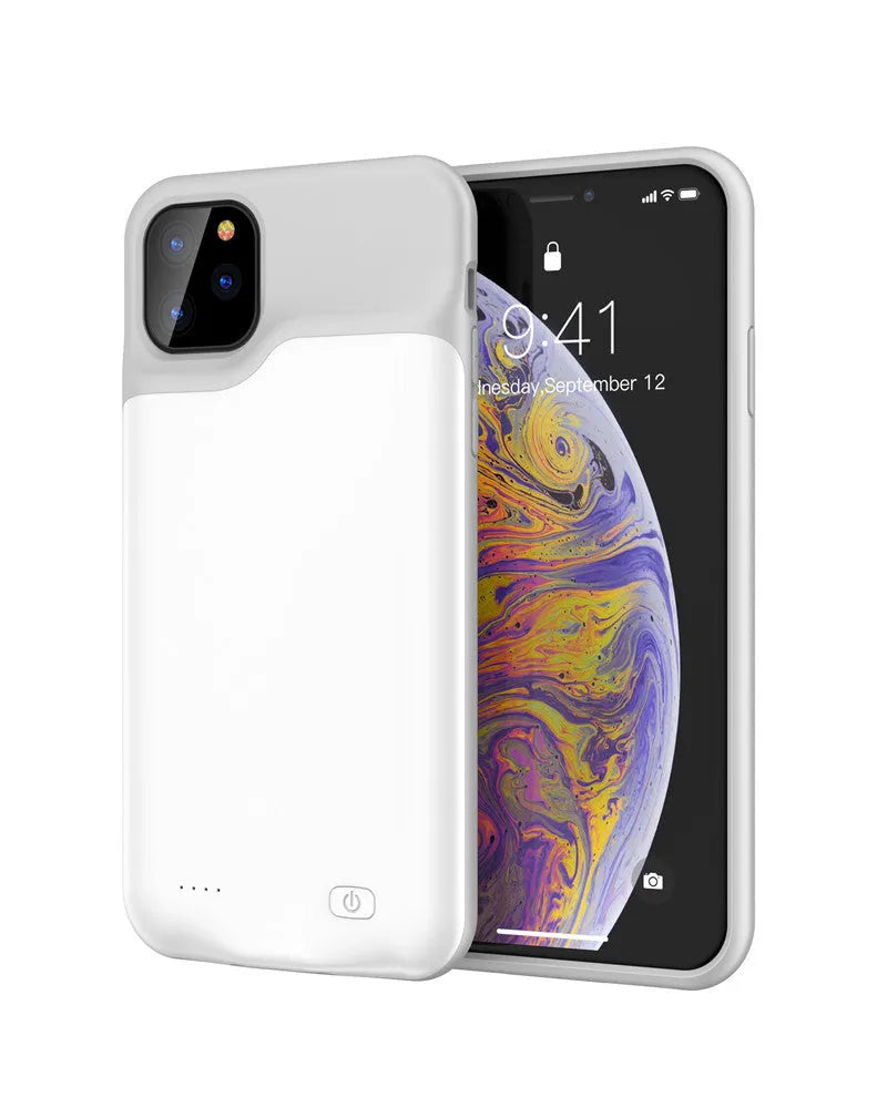 Shockproof silicone iPhone battery charger case in black, blue, pink, or white, showing integrated high-capacity battery.