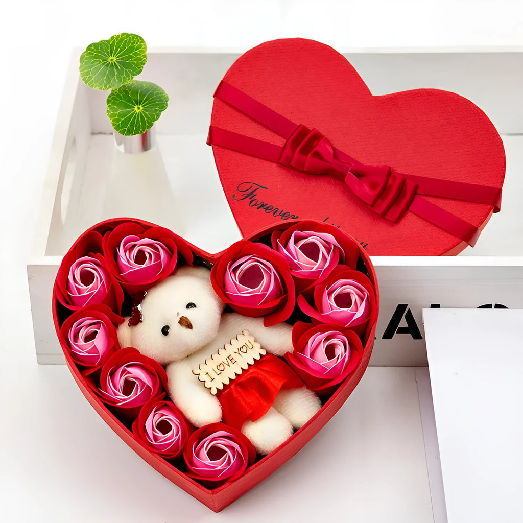 Handmade soap flower rose gift box with bear in pink, presented in a gift box