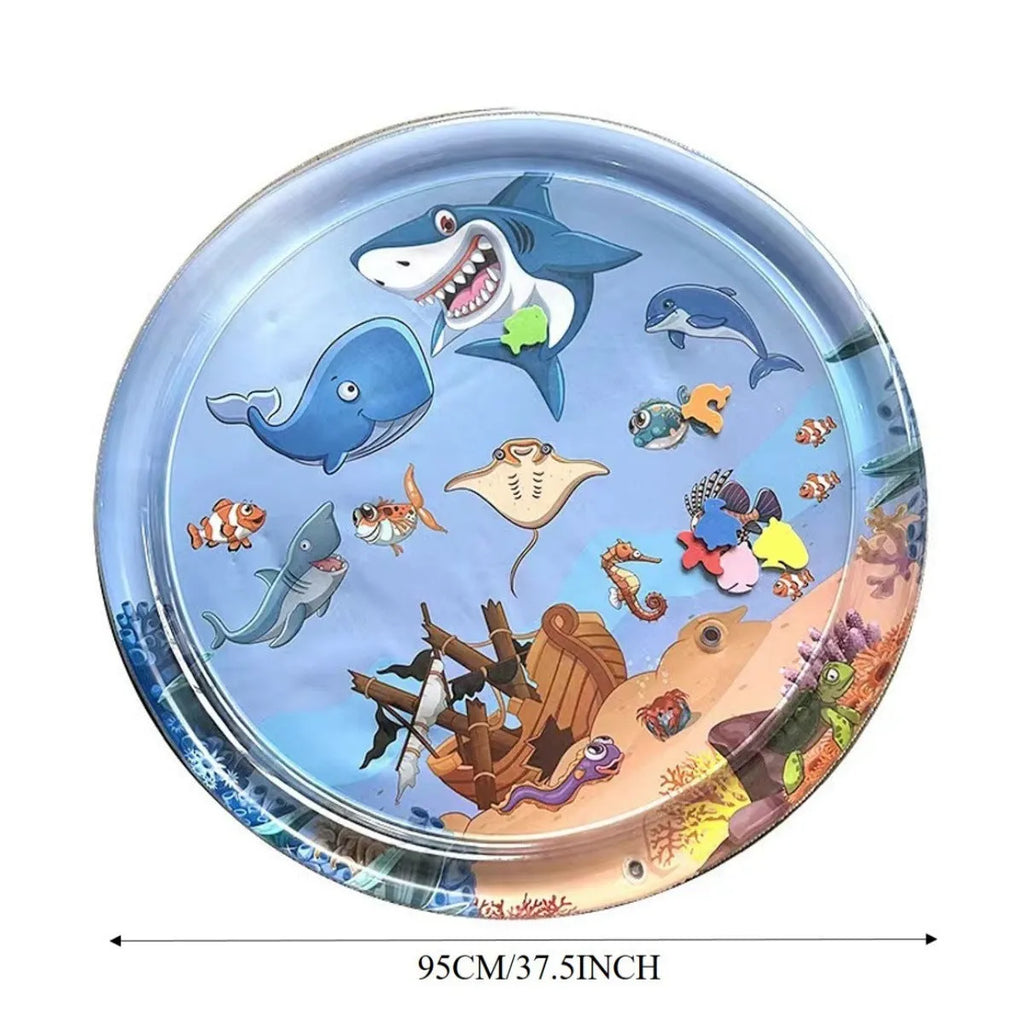 Square PVC water sensory playmat for pets showing inflated outer ring and central water area with floating fish toys.