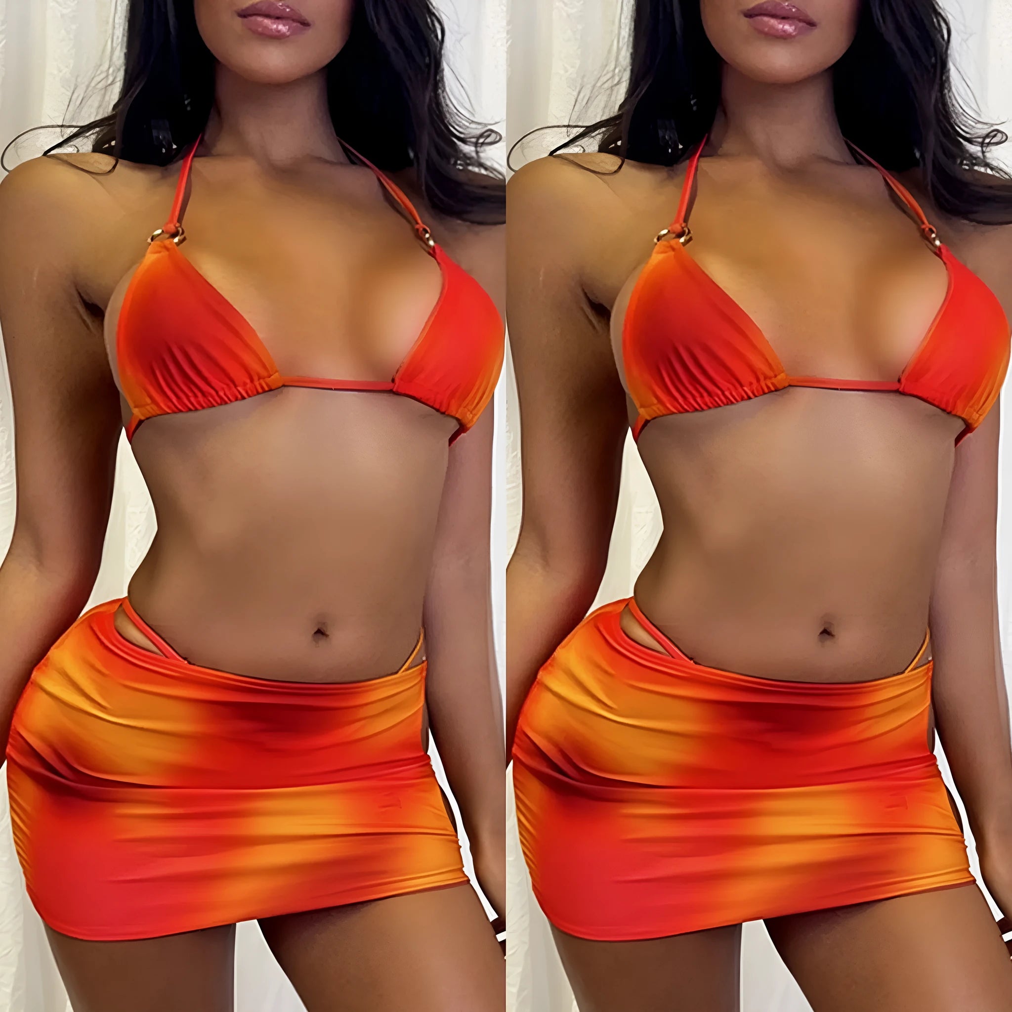 Tie-dye gradient three-piece halter bikini set with a cover-up skirt on a model.