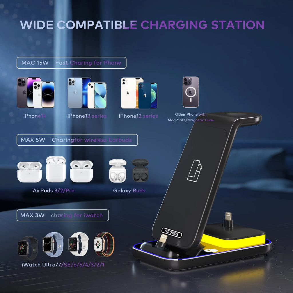 Black and white vertical wireless charging station for mobile phone, Apple Watch and headphones