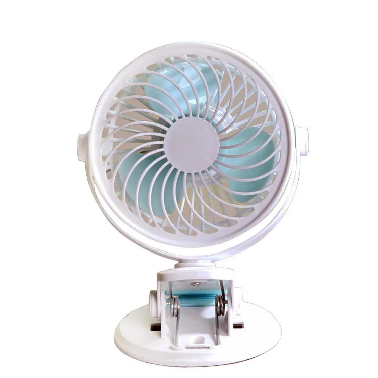 USB desk fan showing compact design with three blades, available in clip-mount or floor-standing styles