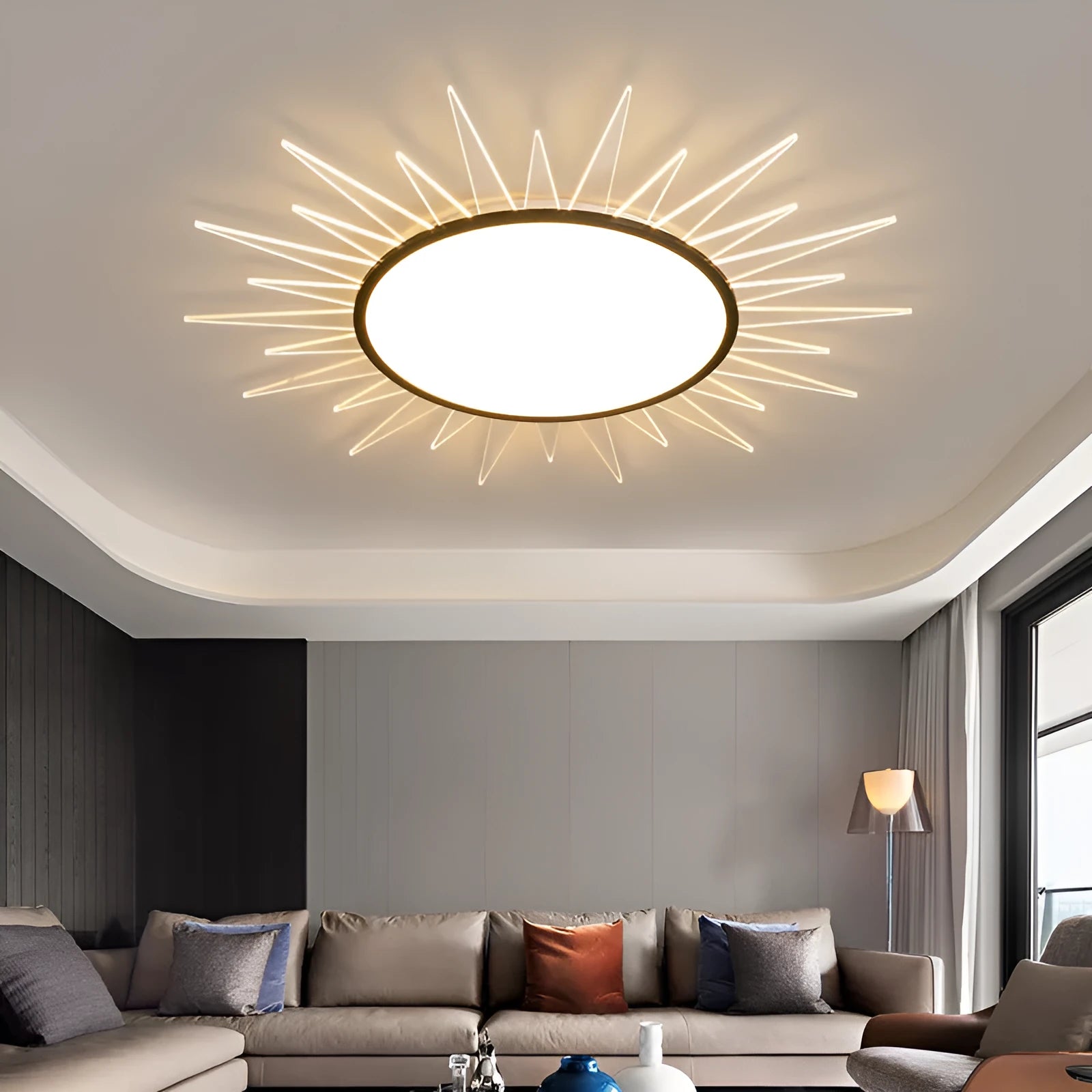 Circular aluminium LED ceiling lamp with remote control dimming in modern design
