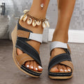 Women's platform wedge slippers with adjustable Velcro strap in fish mouth toe design, showing colour options