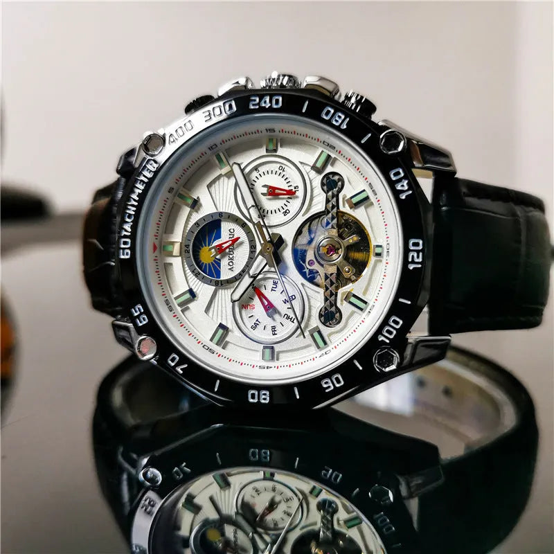 Men's automatic mechanical watch with silver case and black dial showing 12mm thickness