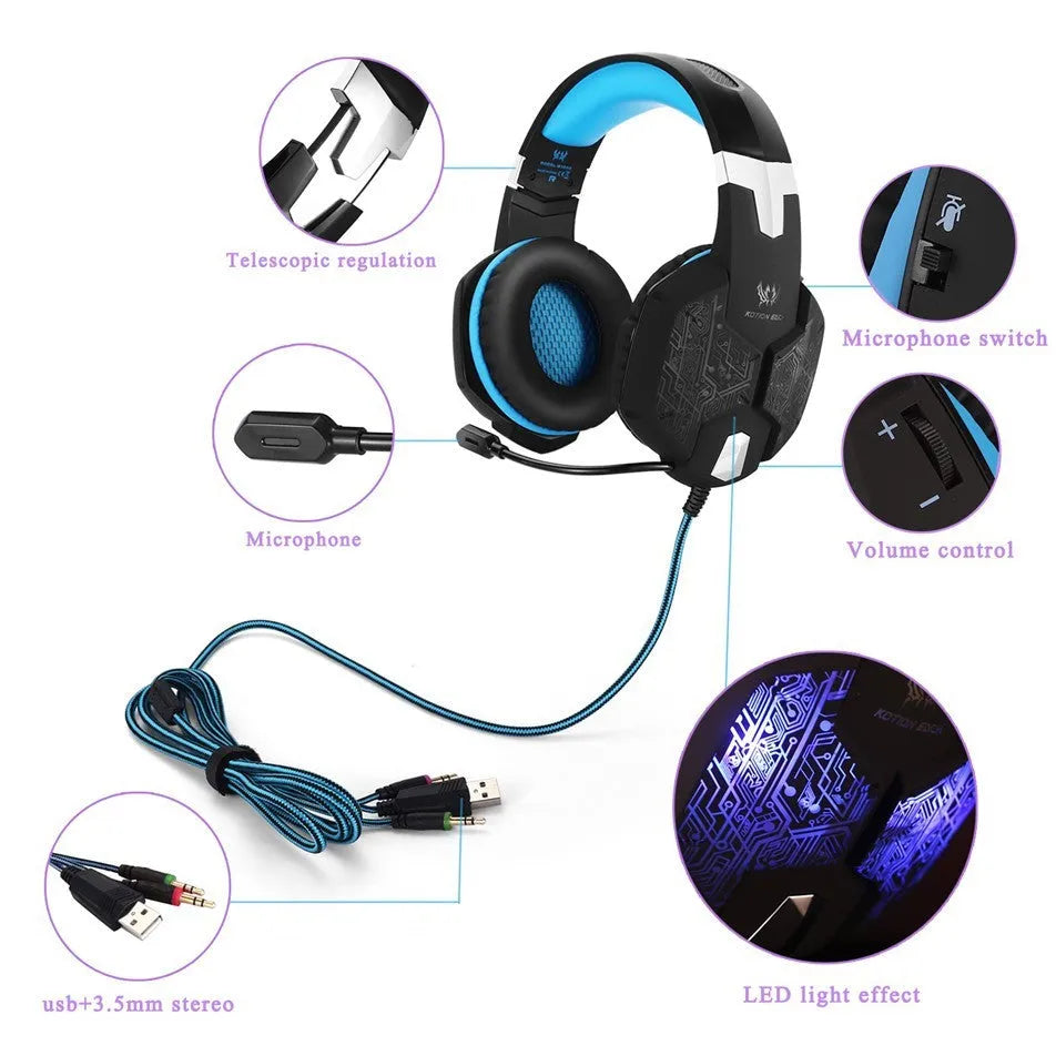 G1000 wired gaming headset with microphone, over-ear design, blue colour