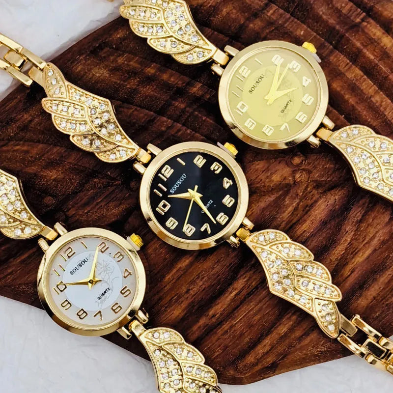 Women's stainless steel watch with round dial showing gold surface option and vachette clasp buckle