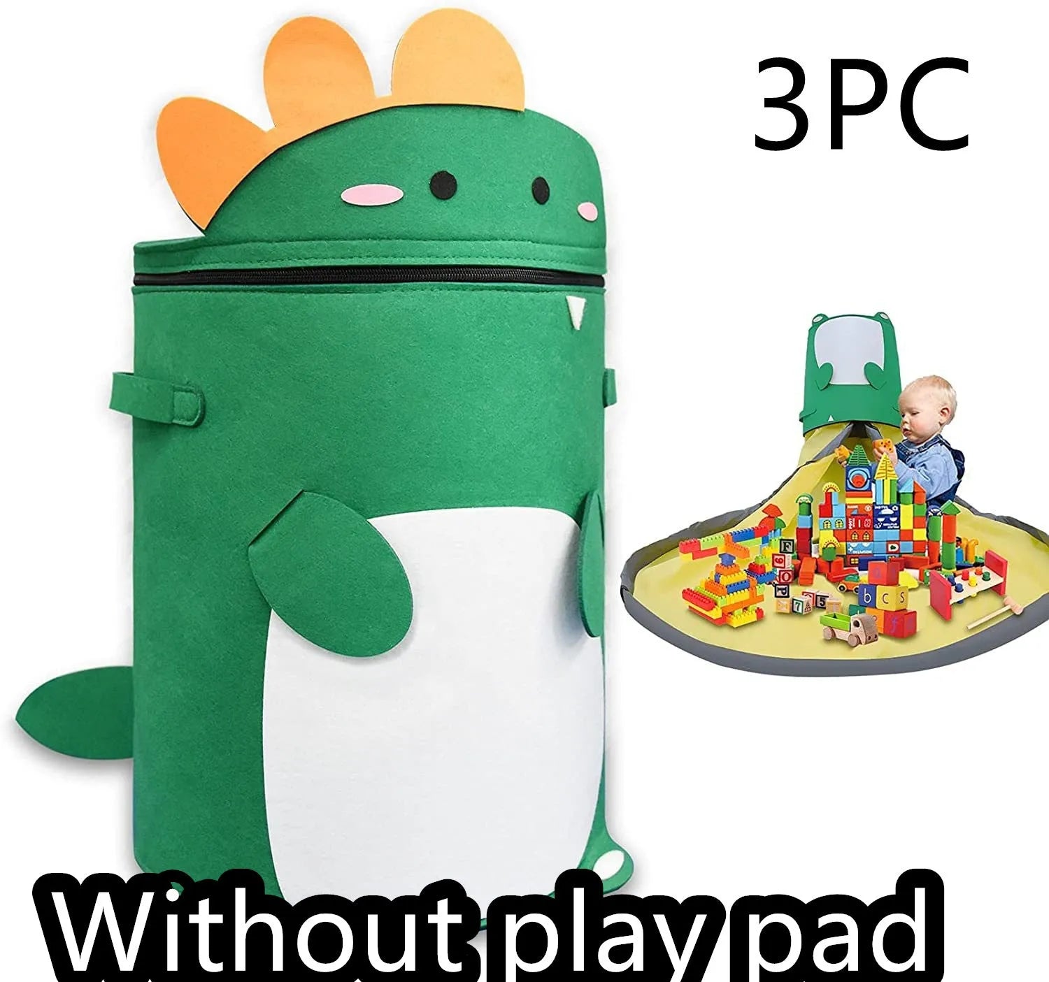 Green felt cube storage bag open as play mat with pull rope closure for children's toys