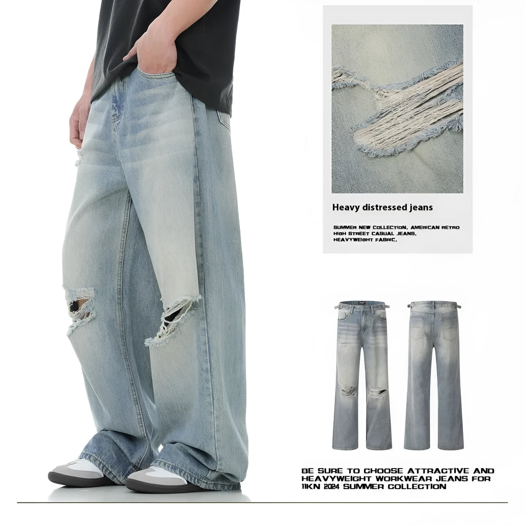 Men's blue straight-leg jeans with ripped details and zipper fly in retro style
