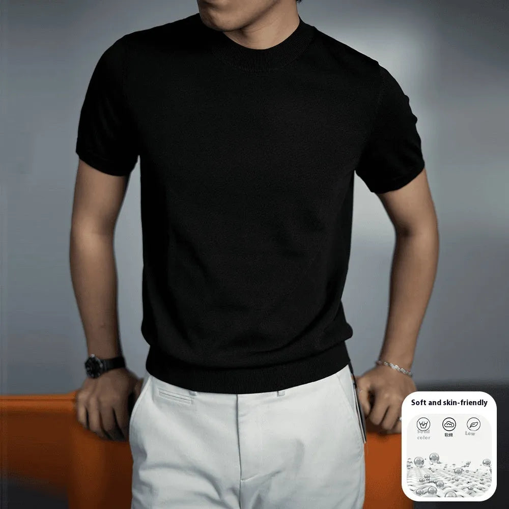 Men's knitted round neck T-shirt in a solid colour, showing short sleeves and non-iron finish.