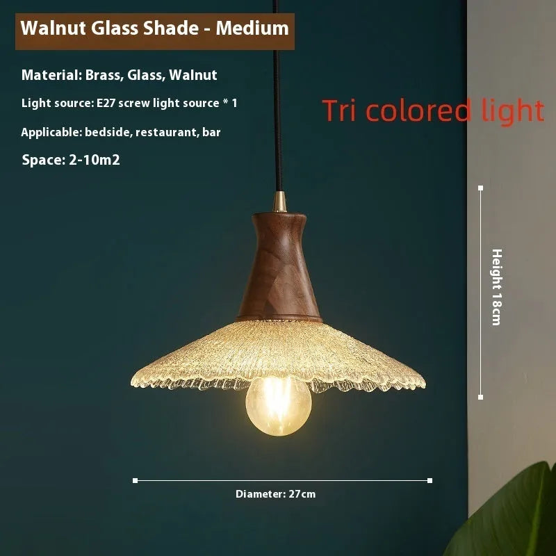Retro wooden chandelier with brass finish and glass lampshade in three size options