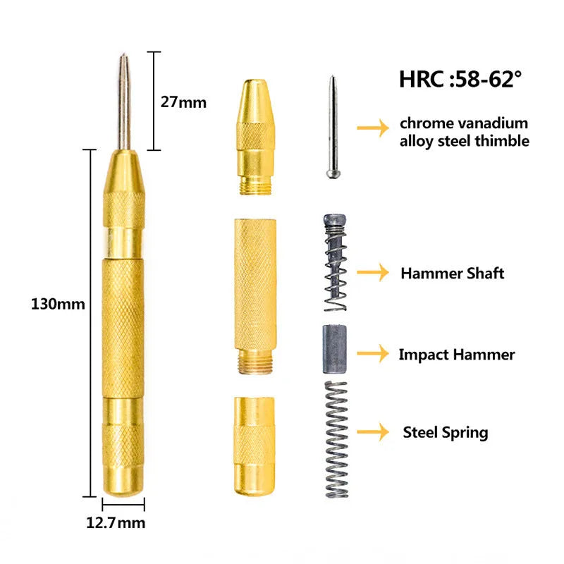 High speed steel cone step drill bits and a centre punch arranged on a workshop bench.