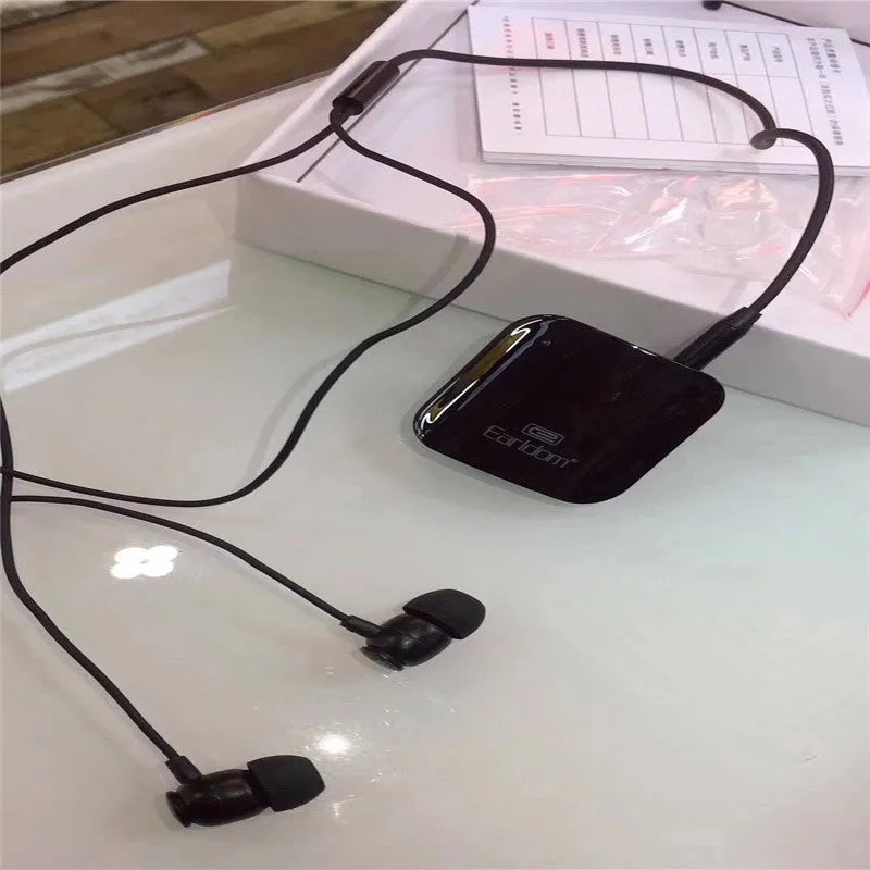 Black Bluetooth lavalier audio receiver for converting wired running headphones to wireless with 10-metre range
