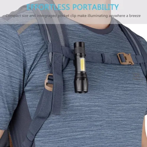 Black mini aluminium alloy telescopic LED flashlight with pocket clip, showing zoom adjustment.
