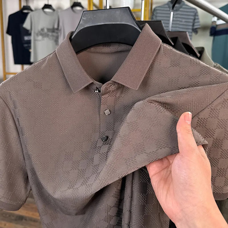 Rhombus patterned thin ice silk short sleeve T-shirt in black, featuring a slit detail on the hem.