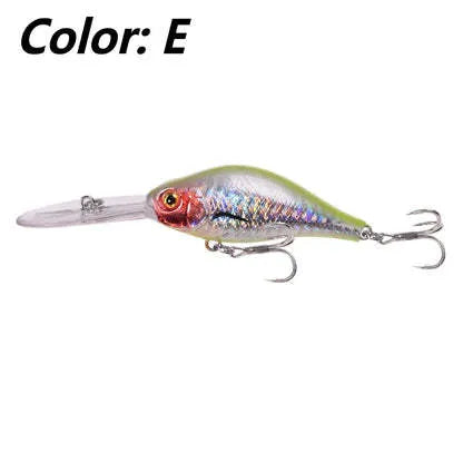 Mino fishing lure with deep diving long tongue board, 10.5cm length, 15g weight, five colour options