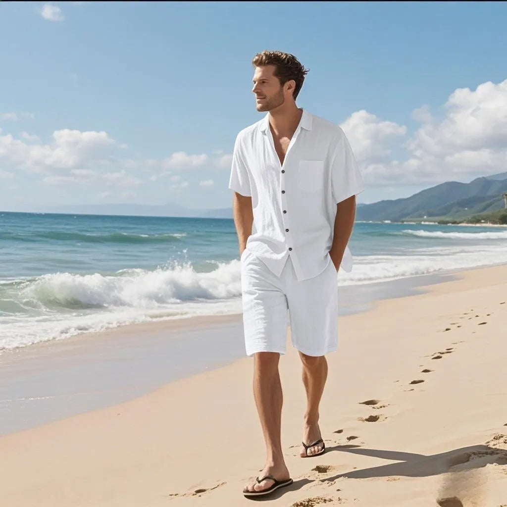 Men's linen blend short sleeve shirt and shorts set in light blue colour