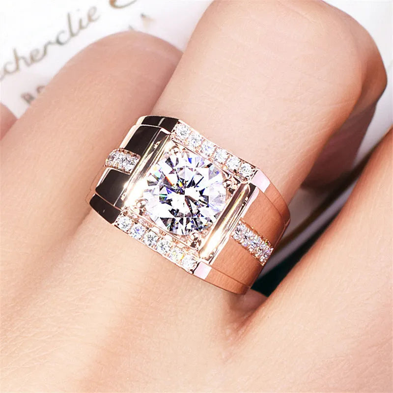 Men's adjustable imitation moissanite ring in electroplated copper with geometric diamond design