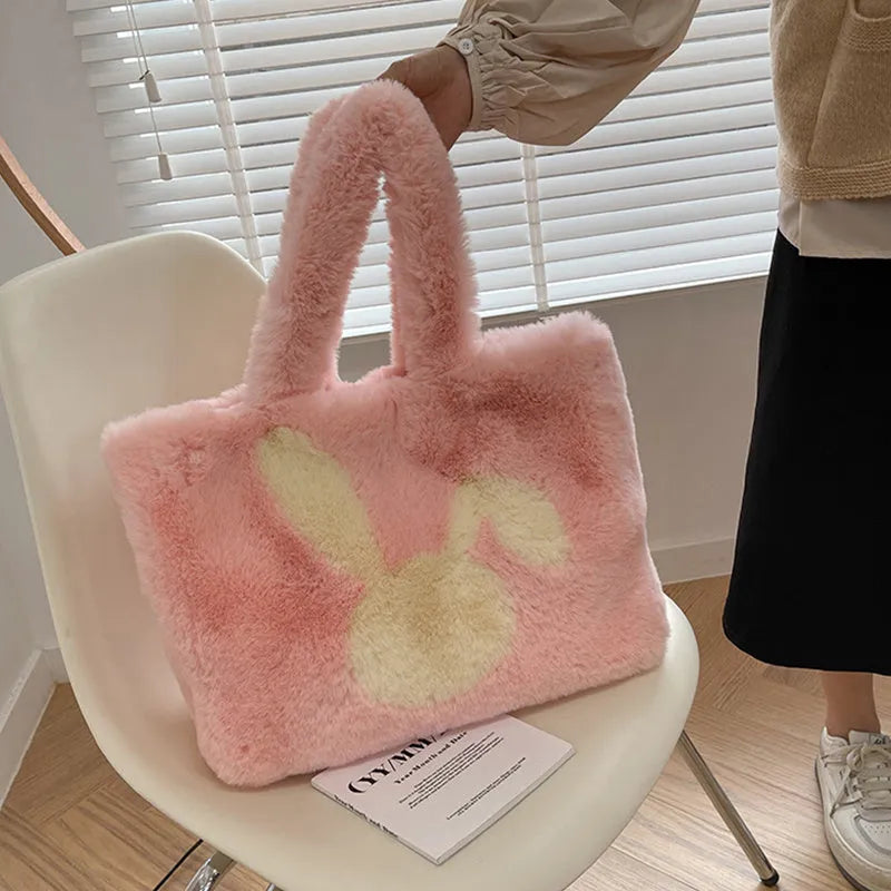 Cartoon rabbit ears plush shoulder bag in solid colour with large capacity