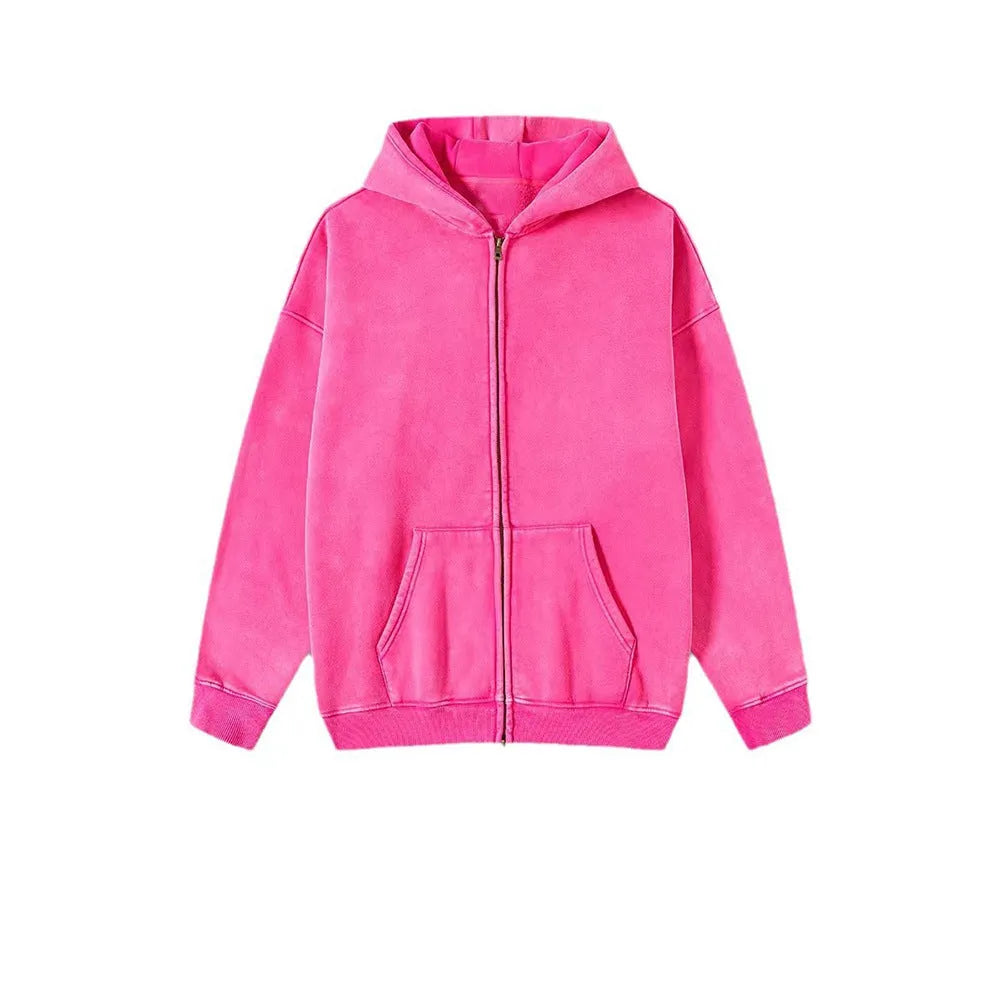 Men's washed cotton hooded cardigan with fleece lining and double zipper in vintage style