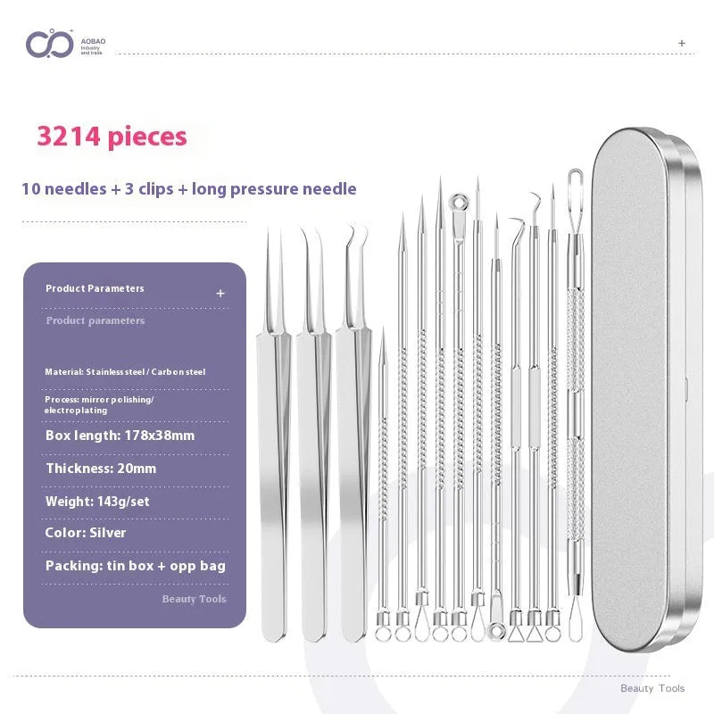 Set of four silver metal acne needles with pointed tips on a white background.